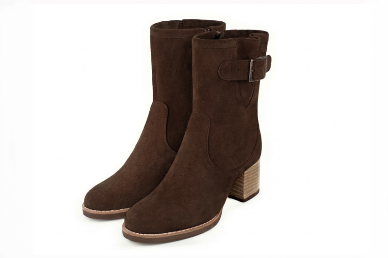 Classic leather ankle boots featuring adjustable side buckles and sleek hardware for secure support and timeless everyday style, in dark brown leather with round toe and mid block heel